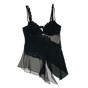 Victoria’s Secret Y2K Black Chemise w Bra Cups and Floral Lace Detailing 34C